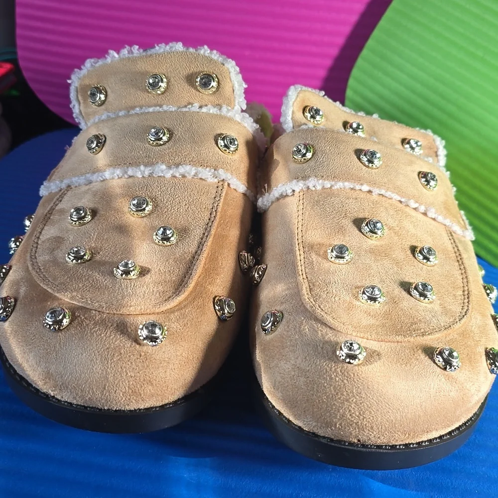 Studded Suede Shearling-Trim Mule Clogs worn once around the house - Picture 2 of 15